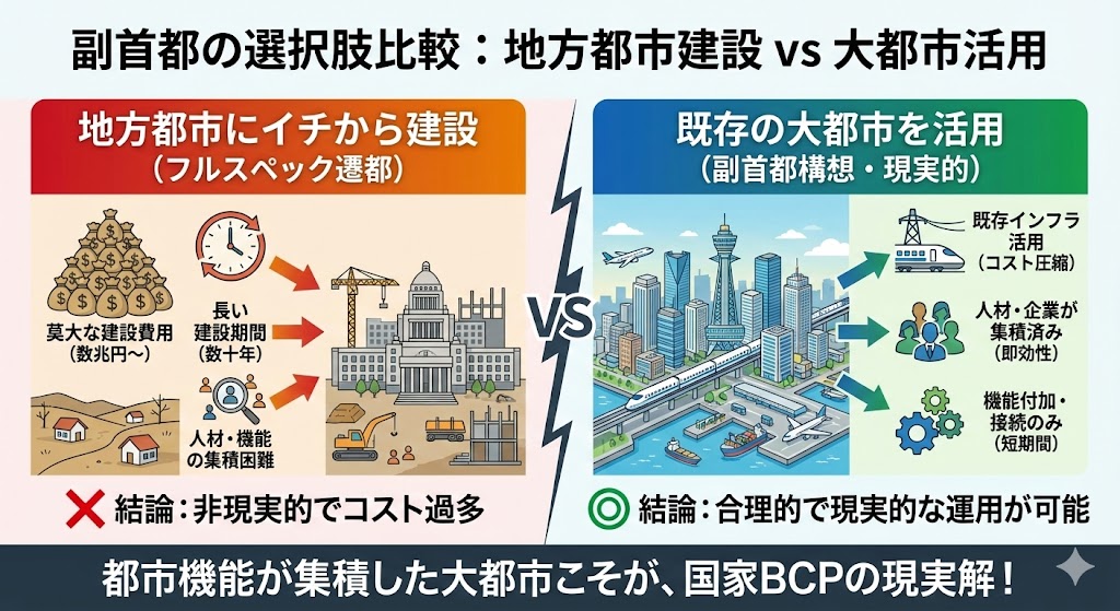 saitoshika_west's tweet photo. 「なぜ大阪が副首都候補なのか？」と問う前に、視点を変える必要があります。国家機能のバックアップを本気で引き受ける意思があり、それを支える都市機能、インフラ、財政負担、具体的な実装計画まで備えた都市が、ほかにどこにあるのでしょうか。

副首都構想の本質は、大阪を東京の「ホットスタンバイに近い拠点」として平時から機能させ、東京一極集中という国家の単一障害点（Single Point of Failure）を解消することにあります。

ホットスタンバイとは、予備のシステムを停止させず、平時から並列稼働させておく仕組みです。主系統に障害が発生した場合、予備系統が速やかに処理を引き継ぎます。

もちろん、都市や政府機能はITシステムのように瞬時に切り替えられるものではありません。それでも、非常時になってから庁舎を用意し、人員を集め、情報を移すのでは遅すぎます。平時から必要な機能を分散し、相互に連携させ、東京の機能が低下した際に別の大都市が業務を引き継げる状態をつくる必要があります。

これは特殊な考え方ではありません。民間企業も事業継続計画（BCP）の一環として、基幹システム、データセンター、業務拠点を複数地域に分散させています。一方の拠点が停止しても、もう一方で事業を継続するためです。

副首都構想は、民間企業が当然のように進めている冗長化を、国家レベルでも実装しようとするものです。

大規模災害が発生してから、政府機能を別の都市へ移すのではありません。東京と大阪の双方で、平時から行政、金融、情報、経済活動が動いている状態をつくる。東京の機能が低下した場合には、大阪が都市として稼働を続けながら、国家機能の一部を速やかに引き継ぐ。

つまり副首都は、非常時だけ使用する「空の予備都市」ではありません。平時から東京と並列して活動し、いざという時に機能を拡張できる第二の中枢でなければなりません。

「もっと災害リスクの低い地方に、副首都を新設すればよい」という意見もあります。

しかし、政府機能を本格的に代替できる都市を一から整備することは、実質的にはフルスペックの遷都に近い事業です。庁舎や通信設備を用意するだけでは足りません。

鉄道、空港、道路、電力、通信、金融、報道、医療、住宅、ホテル、企業集積、人材など、国家中枢を支える都市機能を総合的に整える必要があります。これらを一から構築するには、長い年月と巨額の投資が必要です。

過去の遷都論や政府機関の地方移転が進まなかった背景にも、この現実があります。

これまでの地方分散策にも、共通する弱点がありました。

一部の機能だけを地方へ移し、意思決定や実務の中枢は東京に残す。その結果、東京との調整が増え、非効率が目立つようになる。最終的には「やはり東京に集約した方が合理的だ」という結論に戻ってしまいます。

元に戻せる制度は、いずれ元に戻されやすい。

副首都構想は、東京から一部の組織を切り離して移すだけではありません。平時から東京と並列して動く都市を育て、非常時にも機能し続ける体制をつくろうとするものです。

その候補として大阪が有力なのは、政府が一方的に選んだからではありません。

日本銀行のバックアップ体制、放送機能、鉄道の指令機能、企業のデータセンターや事業継続拠点など、民間企業や準公的機関は、すでに大阪を東京の有力なバックアップ拠点として活用しています。

これは行政の誘導だけで生まれた動きではありません。都市規模、交通網、企業集積、人材、情報通信基盤、東京との距離などを総合的に判断した結果です。

副首都構想とは、何もない場所に第二の首都を人工的につくる政策ではありません。民間や準公的機関の合理的な判断によって形成されてきた東京・大阪の二極構造に、国家制度を追いつかせようとする提案です。

もちろん、大阪にも災害リスクはあります。南海トラフ巨大地震をはじめ、地震、津波、水害への備えは不可欠です。

ただし、副首都に求められるのは、単に「最も災害リスクの低い場所」であることではありません。非常時に国家機能を実際に引き継げる都市規模、交通網、通信基盤、企業集積、人材を平時から備えていることが重要です。

安全性だけを基準に候補地を選び、必要な都市機能を一から整備するのであれば、それは副首都の整備というより、新首都の建設に近くなります。

副首都は、名乗るだけでなれるものでもありません。

政府機能を受け入れるためのインフラ整備や財政負担を引き受け、非常時には国家機能を代替する責任を負う必要があります。平時には追加的なコストを負担しながら、災害時には日本全体を支えなければなりません。

副首都とは、称号や都市ブランドではなく、責任を伴う国家的な役割です。

この点では、大阪・関西万博や大阪IRにも通じる部分があります。手を挙げるだけでなく、自らリスクを取り、先行投資を行い、実現まで責任を持つ覚悟が求められるからです。

大阪以外の都市が、同じ覚悟と具体的な計画を示すのであれば、それは当然歓迎されるべきでしょう。副首都の議論は、大阪だけに門戸を閉ざすためのものではありません。

しかし現時点で、国家機能を引き受ける意思を明確にし、都市機能、インフラ、制度、財政負担まで含めた構想を具体化している都市は、大阪ではないでしょうか。

問われているのは、「なぜ大阪だけが選ばれるのか」ではありません。

国家機能のホットスタンバイに近い役割を、本気で引き受ける覚悟と実体を備えた都市が、ほかにどこにあるのか。

副首都構想を考える出発点は、そこにあります。
