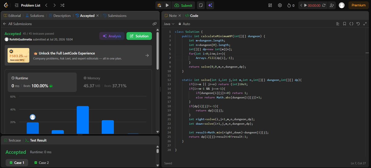 veera_gana's tweet photo. Mock test questions
1.Leetcode 1035: Uncrossed lines (DP)
(realized that not to concern about intersecting lines if we move the pointers only forward in all possibilities)
2. Leetcode 134: Gas Station (Greedy)
3.Leetcode 174: Dungeon Game (DP)
#Code #DSA #DailyCode #BuildinPublic https://t.co/Ccl1Moy8Qy