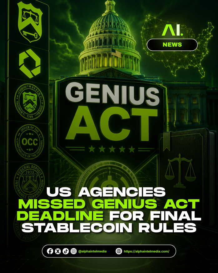 AlphaIntelMedia's tweet photo. UPDATE: US regulators missed the GENIUS Act’s July 18 deadline to finalize stablecoin rules. https://t.co/3rROECh8QV