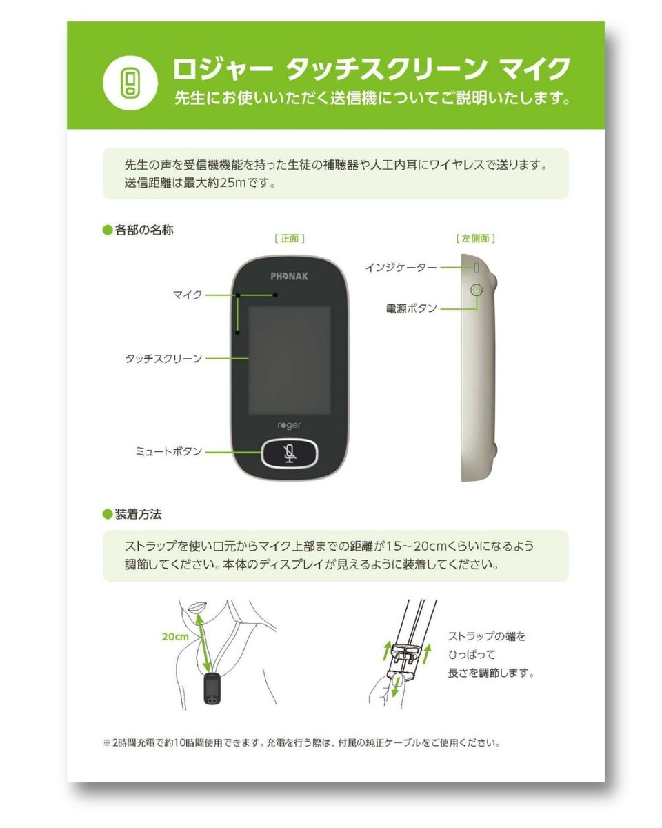 swiss_phonak's tweet photo. このたび、教育現場の先生方向け「かんたん！ロジャーご利用ガイド」（PDFデータ）を作成しました。

ロジャーは、先生の声を補聴器や人工内耳に直接届けることで、教室での学びをサポートする補聴援助システムです。普段ロジャーをあまり使われない先生方に向けて、使い方をやさしくまとめた「かんたん！ロジャーご利用ガイド」を作成しました📚

装着方法や基本的な操作などをイラスト付きでご紹介しており、先生とのやりとりの際にご活用いただけます。

ダウンロードはこちらのブログ記事をご確認ください👉https://t.co/KwDk5hSsBp

#難聴 #補聴器 #ロジャー