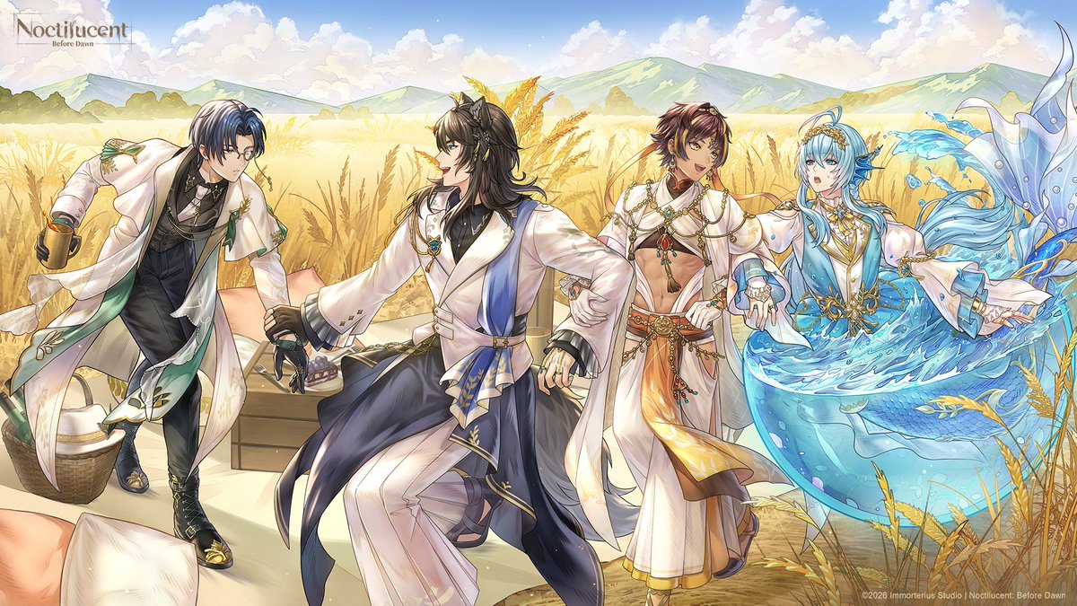 NoctilucentEN's tweet photo. Owyn put down his food, stood up, and pulled Xiel up by the hand while he was silently eating.

Dacatt also wants to dance with Anli, but when he sees Yve curled up in the water orb with a look of envy, he reaches into the water orb without hesitation and takes Yve's hand. https://t.co/kYUyb4nuDJ