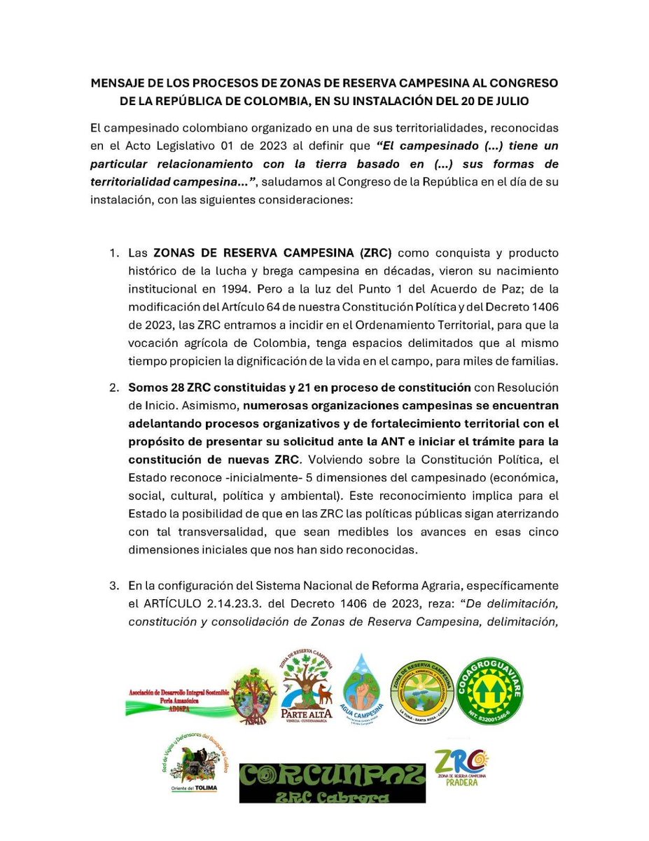 JC_Sandino's tweet photo. Procesos de Zona de Reserva Campesina del país envían este mensaje al Congreso de la República 🇨🇴 que se instala hoy

Agradecemos ayuden a compartir

@IvanCepedaCast @aida_quilcue @carolinacorcho @MafeCarrascal @ZRCVeneciaPA @ZrcCabrera @Vertov14 @MCarvajalinoV @harmanfelipe https://t.co/mpP5IvhRrk