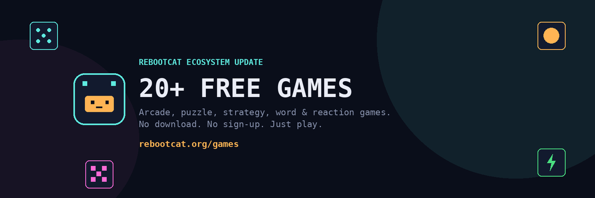 RebootCatSol's tweet photo. 🚨 The RebootCat Arcade just got even bigger! 🐱🎮

🆕 Now LIVE on https://t.co/Il3uAH24Wb:

🗼 Tower of Hanoi
⚡ Reaction Tester
🔴 Connect Four
🧠 Reboot Sequence (Simon Says)
That brings the total to 20 FREE browser games in the RebootCat ecosystem!
🎮 No downloads.
⚡ Instant play.
🌐 Available to everyone.
We don't just talk about building.
We ship. 🚀

Play now 👉 https://t.co/Il3uAH24Wb

$REBOOT #Solana #GameFi #Web3Gaming #BuildInPublic #Memecoin