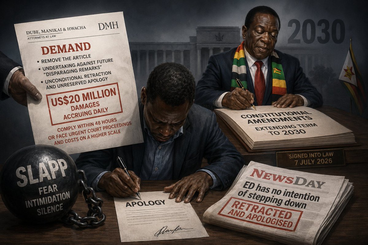 TrevorNcube's tweet photo. In July 2024, President Mnangagwa's lawyers — Dube, Manikai & Hwacha  (DMH)— forced NewsDay to apologise for reporting that he had no intention of stepping down in 2028.

We apologised. Because we were afraid.

On 7 July 2026, he signed the law keeping himself in power until 2030.

They forced us to apologise. Then he did exactly what we feared. 🧵