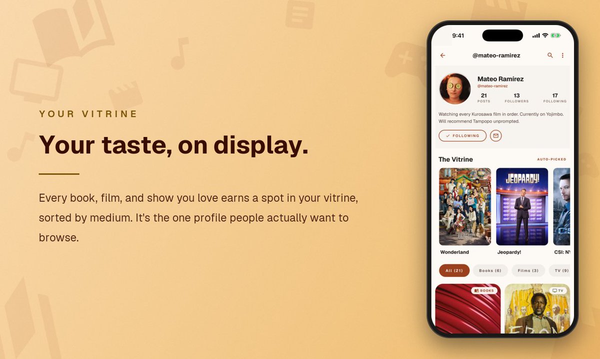 mintrinapp's tweet photo. A profile made of taste instead of selfies. Every verdict lands in your vitrine, sorted by medium. Pin the favourites.
Someone can open it and see your whole cultural world in one glance. That's the part we actually wanted to exist and couldn't find anywhere. https://t.co/LXejzuUIxb