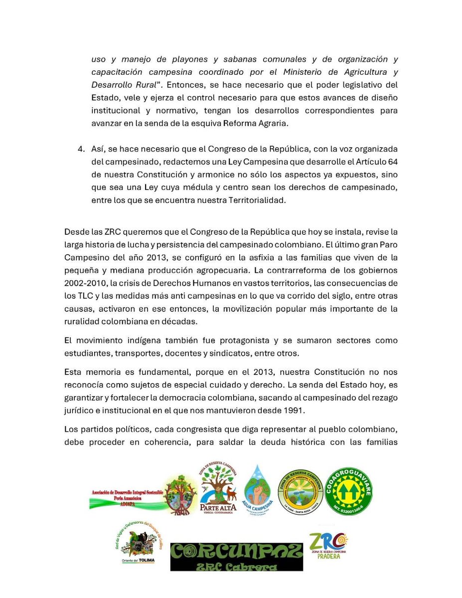 JC_Sandino's tweet photo. Procesos de Zona de Reserva Campesina del país envían este mensaje al Congreso de la República 🇨🇴 que se instala hoy

Agradecemos ayuden a compartir

@IvanCepedaCast @aida_quilcue @carolinacorcho @MafeCarrascal @ZRCVeneciaPA @ZrcCabrera @Vertov14 @MCarvajalinoV @harmanfelipe https://t.co/mpP5IvhRrk