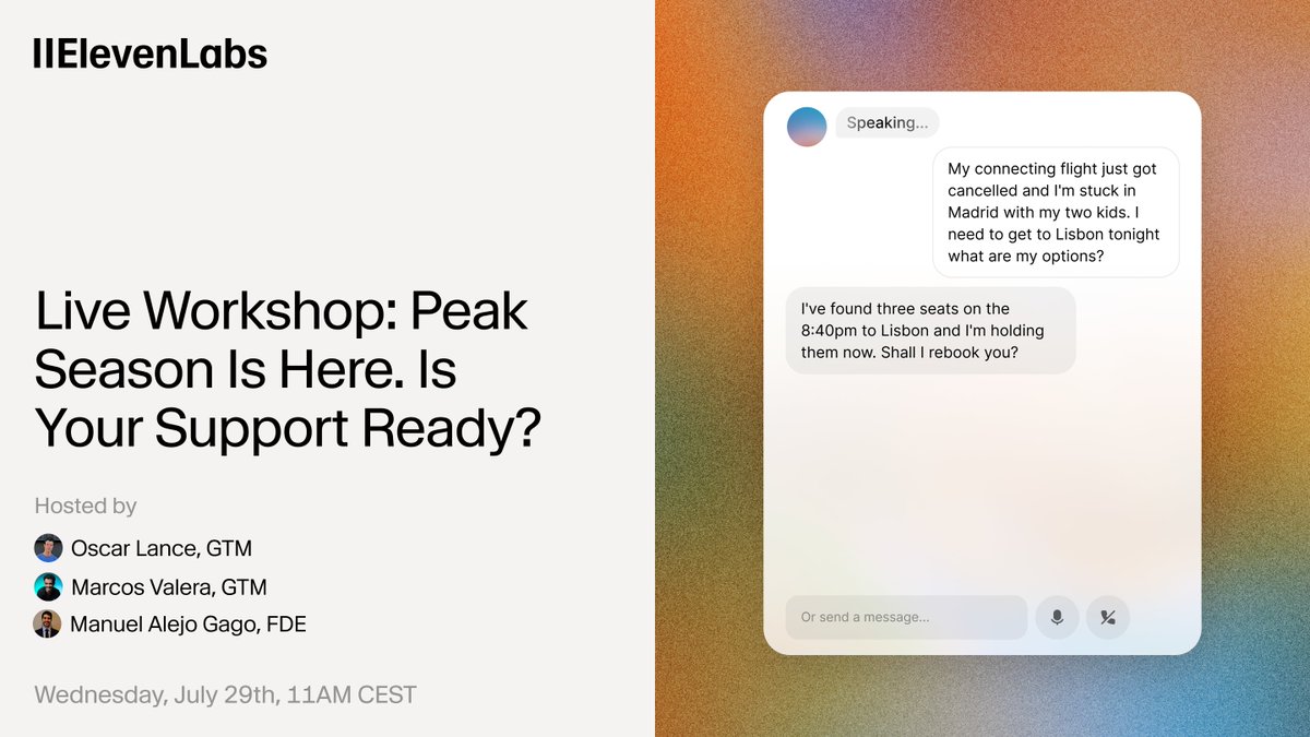 oscarlance_'s tweet photo. Customer support, ready for peek season?

On July 29, @_MarcosValera and I will show how @ElevenLabs AI voice agents help travel companies scale support, qualify leads, and deliver concierge experiences in 70+ languages.

Sign-up in comments https://t.co/DTrkAp77NJ