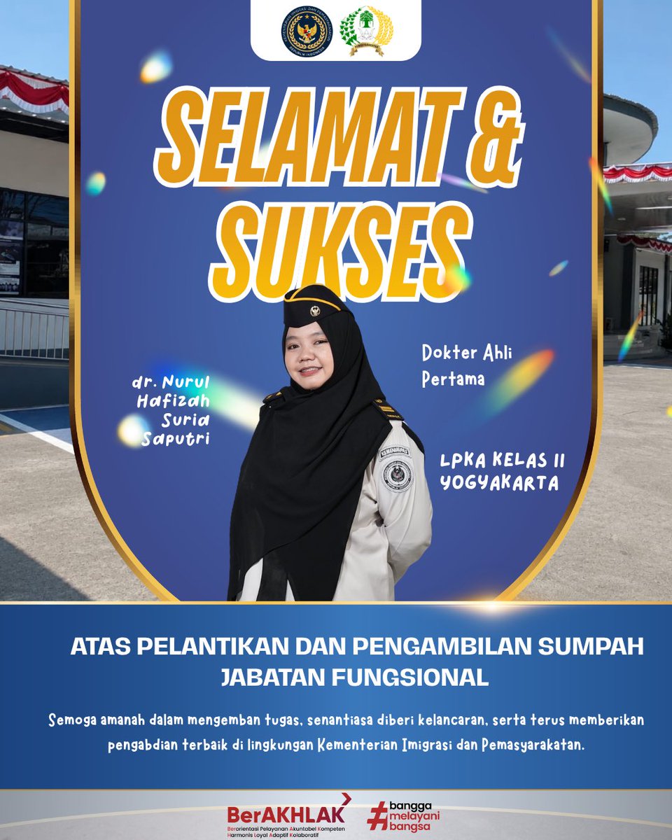 lpkajogja's tweet photo. Selamat dan sukses kepada dr. Nurul Hafizah Suria Saputri atas pelantikan sebagai Dokter Ahli Pertama di lingkungan Kementerian Imigrasi dan Pemasyarakatan Kanwil Ditjenpas DIY.

Semoga amanah yang diemban senantiasa diberikan kelancaran, keberkahan, dan kesuksesan. https://t.co/dgulBeHBBf