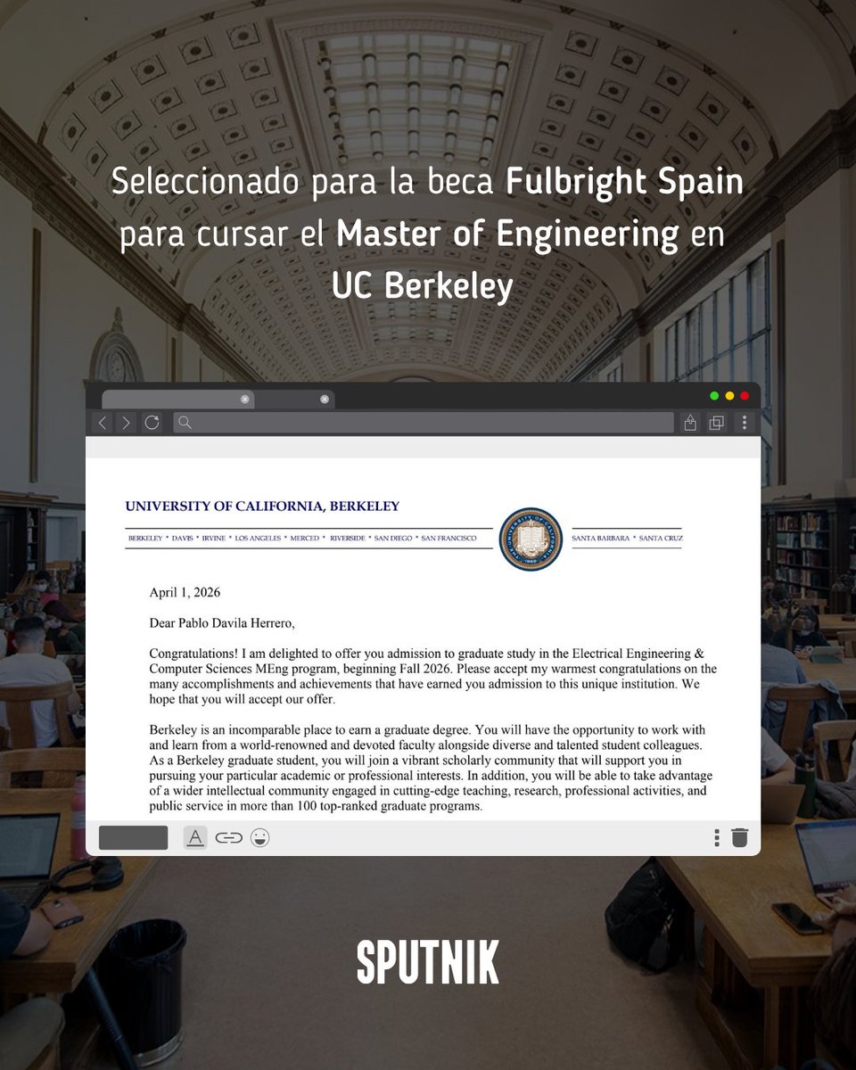 321_sputnik's tweet photo. El impacto de Sputnik empieza después de cada seminario. 🚀

Pablo Dávila, antiguo becario, cursará un Master of Engineering en UC Berkeley con una beca Fulbright Spain.

Futuros becarios de la VII edición: aprovechad cada encuentro. Puede llevaros muy lejos.

#ImpactoSputnik https://t.co/YshPvckKzB