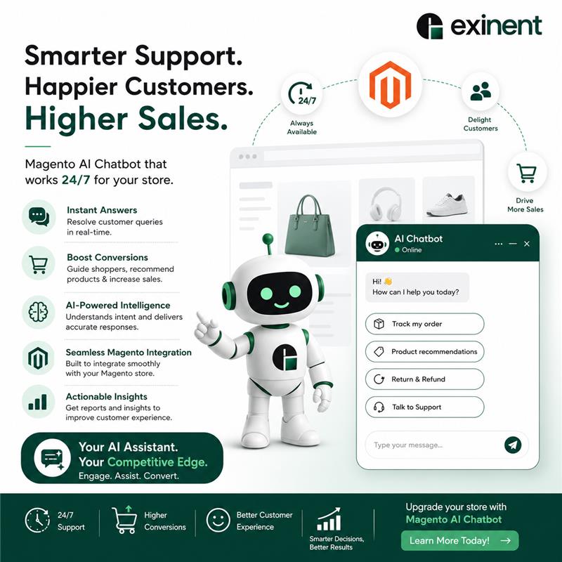 Exinentllc's tweet photo. 🤖 Smarter support = happier customers & higher sales! Empower your Magento store with AI-powered 24/7 support, product recommendations, and seamless customer experiences.
Read More : https://t.co/iXL7URFXYs
#Exinent #Magento #AIChatbot #MagentoAI #eCommerce #AdobeCommerce https://t.co/D30Mal7ZqI