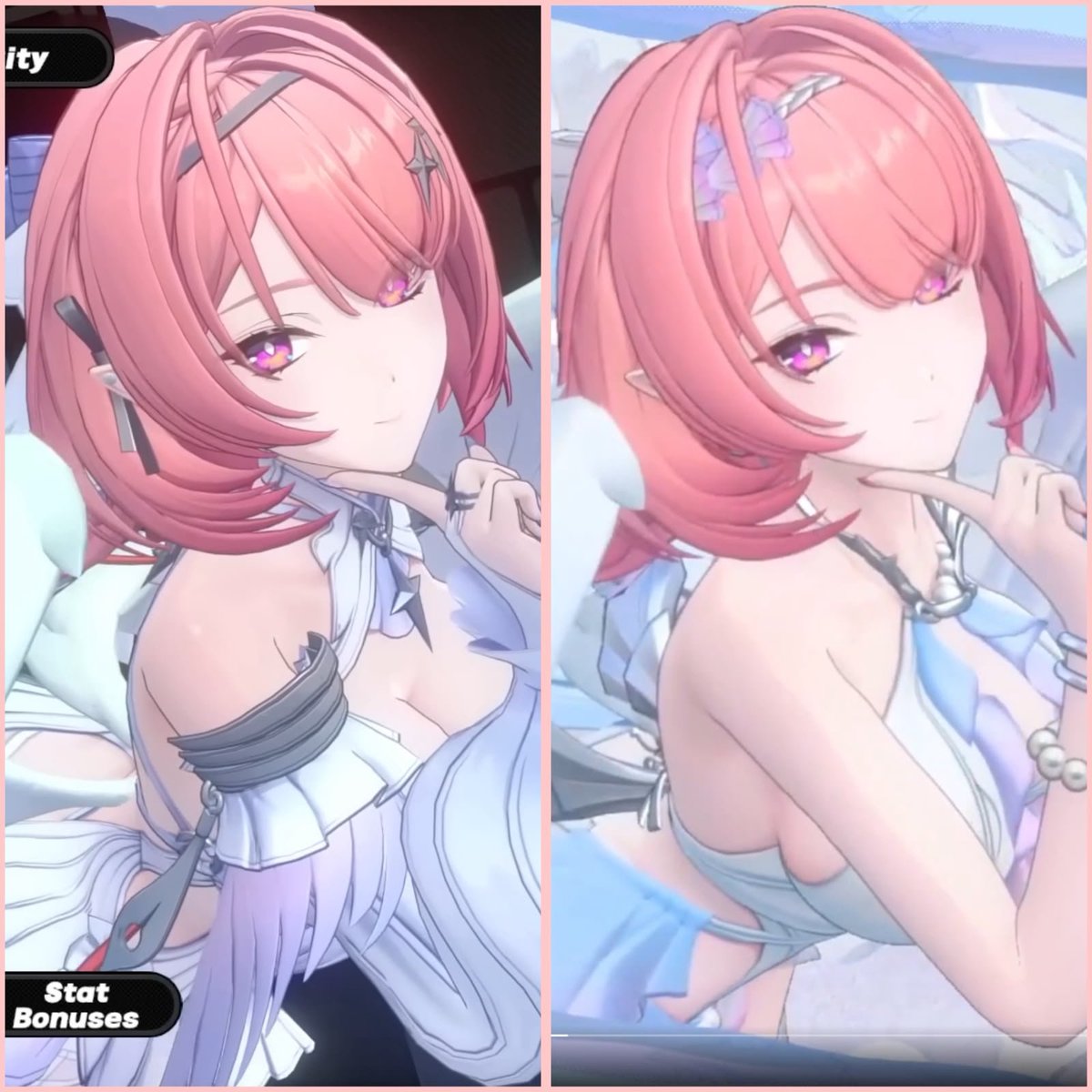 zeldaavee's tweet photo. Estoy viendo a mucha gente diciendo que la skin de verano de Remielle es muy parecida a la base y, como yo también tenía dudas, me he puesto a compararlas en detalle:

- En general mantienen una paleta de colores muy parecida. La principal diferencia es que la de verano sustituye el vestido por un bañador entero mucho más ligero y playero.

- Sinceramente, en combate me parece casi la misma skin. Al mantener las alas blancas prácticamente idénticas a la base, apenas he encontrado diferencias notables, salvo por el pequeño adorno que incorpora donde nacen las alas.

- La skin de verano deja bastante más al descubierto brazos y piernas al quitar mangas y medias, además de añadir detalles perlados en pulsera, diadema y collar, y un velo transparente en la parte trasera de color rosado.

Personalmente creo que me quedo con la skin negra porque contrasta mucho más con el personaje y cambia las alas de color, mientras que la de verano la veo más como una versión en bañador de la skin base.