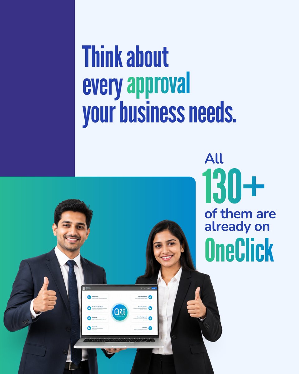 InvestCG_India's tweet photo. Approvals. Permissions. Clearances. The part of business setup nobody looks forward to. 
OneClick puts all 130+ of them in one place — so you can focus on the part that actually matters.

Visit https://t.co/WRUXLRdcNt today! 

#InvestCG #CGBusinessEasy https://t.co/ipFhdxdRUJ