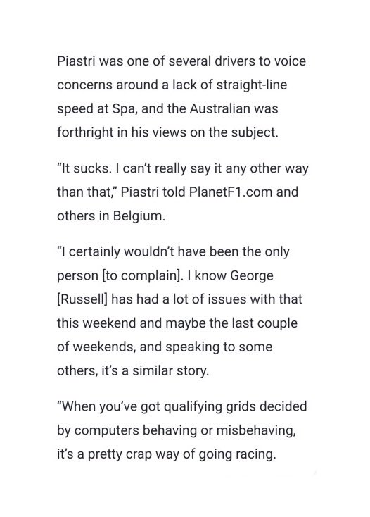 pviiig7's tweet photo. Oscar was one of the several drivers to voice concerns around a lack of straight line speed as spa.
“I certainly wouldn’t have been the only person to complain. I know George has had a lot of issues with this weekend and maybe the last couple of weekends”

Oscar but Toto said George has no issues!
Even other drivers know - he said “maybe the last couple of weekends”🥹😭