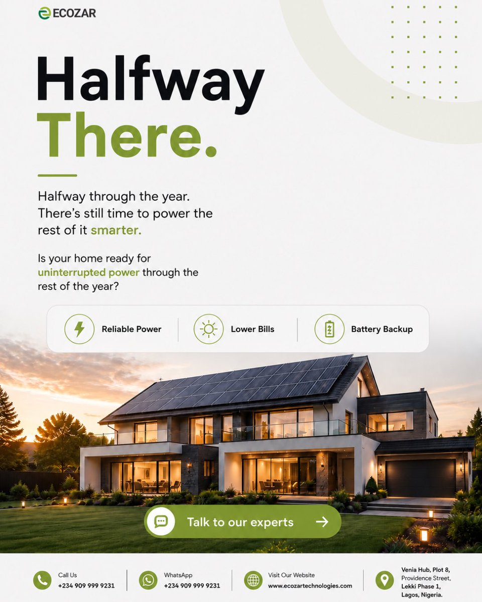 ecozartech's tweet photo. July is your reminder: you still have time.

Time to cut energy costs.
Time to say goodbye to unreliable power.
Time to invest in solar.

Let’s make the rest of the year uninterrupted💚✨

Talk to our experts today.

#EcozarTechnologies #SolarNigeria #RenewableEnergy https://t.co/J67m5Gxp1D