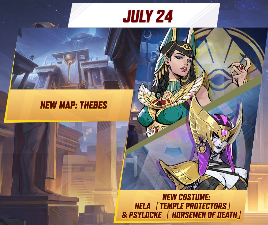 MarvelRivalsNet's tweet photo. Incoming this week:
New Map: THEBES
New Costume: Hela - TEMPLE PROTECTORS
New Costume: Psylocke - HORSEMEN OF DEATH

#MarvelRivals https://t.co/vxXBEkAHY9