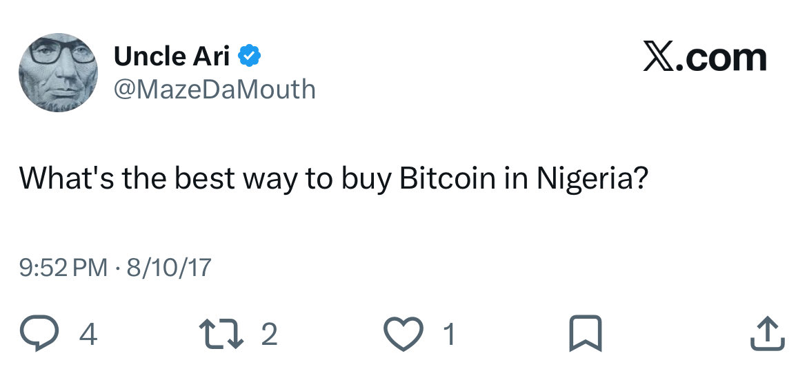 AyoOfHeaven's tweet photo. THREAD:

Around 2017, it became appealing for Nigerians to buy Bitcoin, but you couldn’t do it directly with a Nigerian bank account. Startups rose to meet that need, letting people buy Bitcoin and more with their Naira. I eventually worked at one. https://t.co/fGSIA0Fhqq
