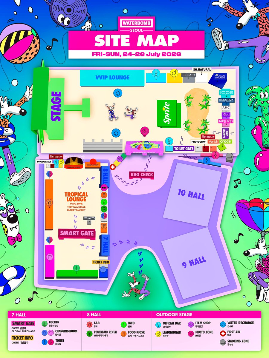 waterbomb_seoul's tweet photo. Here's the official site map for WATERBOMB SEOUL 2026! 🔥

The outdoor Global Stage, Photo Zones📸, and LEMONBOMB🍋—your go-to spot to take care of your wellness and boost your energy—are waiting for you!

Be sure to enjoy the cool indoor Food Zone and convenience facilities, along with our brand-new indoor Tropical Lounge featuring the fashion spot Sunset Market and the groovy 'Tropical Stage'.🌅🌴

Checking out all the locations in advance will make your WATERBOMB experience even smoother👀💦

✔️ Save the map to your device for easier access. ✔️ For VVIP ticket holders, please visit the dedicated VVIP entrance to exchange your ticket for a wristband before entering.

#WATERBOMB #WATERBOMB2026 #WATERBOMBSEOUL #워터밤 #워터밤2026 #워터밤서