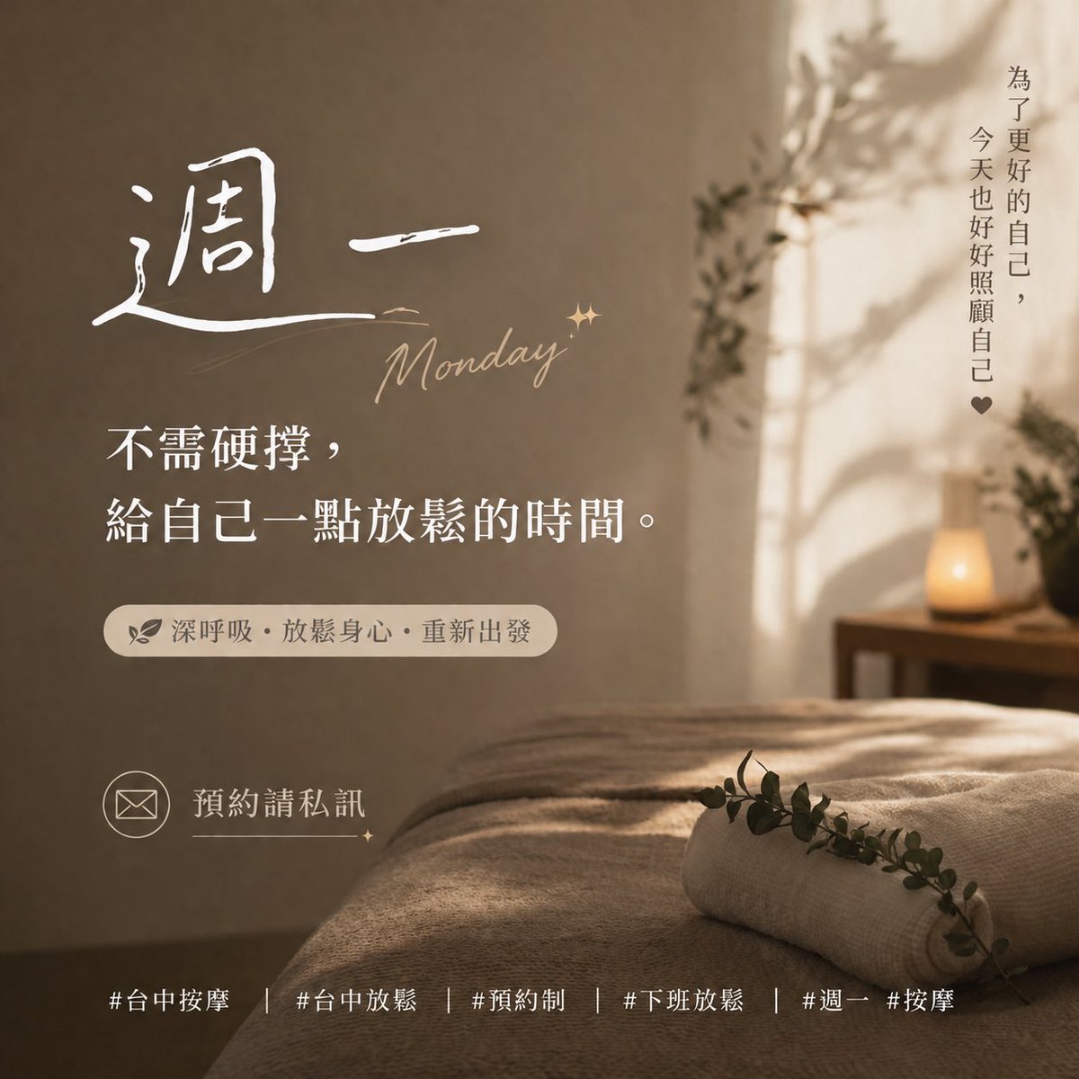 small88massage's tweet photo. 星期一的疲勞，別留到星期五。
今天就安排一場放鬆時光💆‍♀️💆‍♂️
📍台中｜預約制 https://t.co/Qxfr4xSfYI