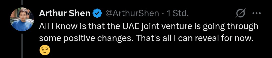 NIO_WilliamLi's tweet photo. 'The UAE joint venture is going through some positive changes. That's all I can reveal for now.'  ➡️ That sounds very promising 🤩👏

I asked @ArthurShen about the market entrance of the #Roadtank #NIO #ES9 in the #UAE and he answered like this. https://t.co/blBLYJhnyH
