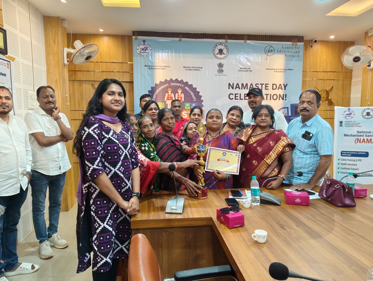 CFARngo's tweet photo. Safety. Dignity. Recognition.

On the occasion of the first-ever #NAMASTEDiwas, Khordha Municipality honoured the sanitation workers who keep our cities clean and our communities healthy.

The event reinforced a simple but powerful message: no sanitation worker should ever risk their life to protect public health. A total of 45 sanitation workers participated in the programme, where 45 PPE kits were distributed along with health screenings, certificates of appreciation, and awareness on the NAMASTE Scheme—reaffirming the Municipality's commitment to safer, mechanised, and dignified sanitation.

As a Citywide Inclusive Sanitation (CWIS) partner, CFAR supported the initiative through sessions on occupational safety, mechanised sanitation, workers' rights, and the correct use of PPE.

"Earlier, we gave no importance to PPE, what mattered was getting the job done. Today we understand that to complete a job properly, everything from skill to PPE is important." -Rohit Nayak, Sanitation Worker, Khordha Municipality

#NAMASTEDiwas #SanitationWorkers #SafeSanitation #OccupationalSafety #DignityOfLabour

@_waterforwomen  @WaterAidIndia  @dasra  @niua_india @susana_org @cseindia @GatesIndia  @wash_institute  @UNICEFIndia 
@UNDP_India  @MoHUA_India