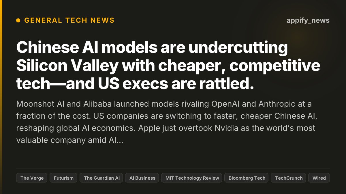 appify_news's tweet photo. Moonshot AI and Alibaba launched models rivaling OpenAI and Anthropic at a fraction of the cost.
US companies are switching to faster, cheaper Chinese AI, reshaping global AI economics.
Apple just overtook Nvidia as the world’s most valuable company amid AI market shakeups.
Investors are dumping big tech stocks as pressure mounts to justify AI spending.

The AI dominance race is tightening, with cost and speed becoming as critical as capability. Market leadership and investment flows are shifting rapidly.

How long before Chinese AI models reshape global tech dominance for good?

#AI