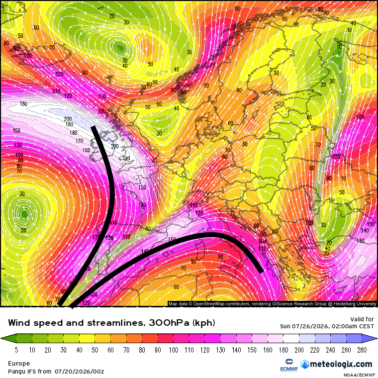 MeteoElpito's tweet photo. Falten dies!! En meteo res és segur!! Però....

Aquest cap de setmana ja podríem tenir un canvi important a la Mediterrània occidental.

Forma de V a les línies de corrent de 300Hpa al model PANGU.

Aiguats i tempestes molt forts a Catalunya, sud França i nord Itàlia. https://t.co/4aWePr05Cz