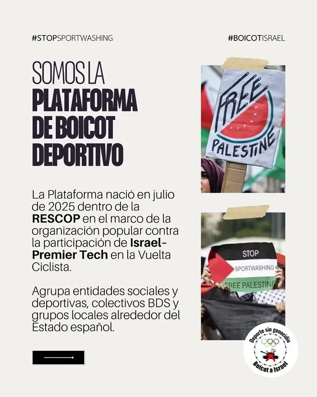 palestinarioja's tweet photo. 🔴 La Plataforma de Boicot Deportivo sistematiza y coordina el boicot con el fin de expulsar a los representantes del estado genocida de "Israel" de todas las competiciones deportivas.

Empezó hace un año en La Vuelta Ciclista 2025 por la presencia del equipo Israel Premier Tech. https://t.co/umzwyqoxbv