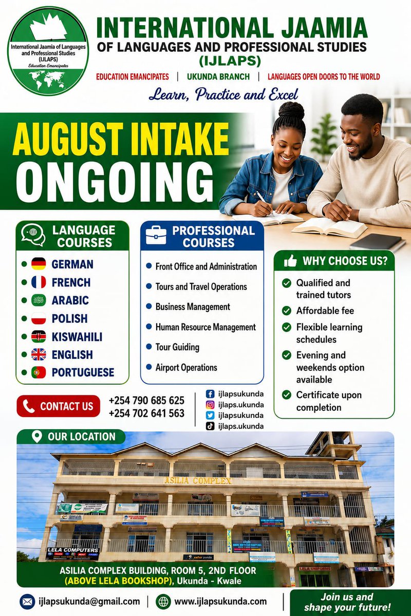 ijlapsukunda's tweet photo. Unlock new opportunities in education, work, and travel? Join IJLAPS Ukunda for affordable  language classes taught by experienced instructors in a friendly learning environment.
Affordable Fees
Weekend Classes Available
Beginner (A1 &amp; A2) and Intermediate (B1 &amp; B2) Levels. https://t.co/BA3JcVq9ji