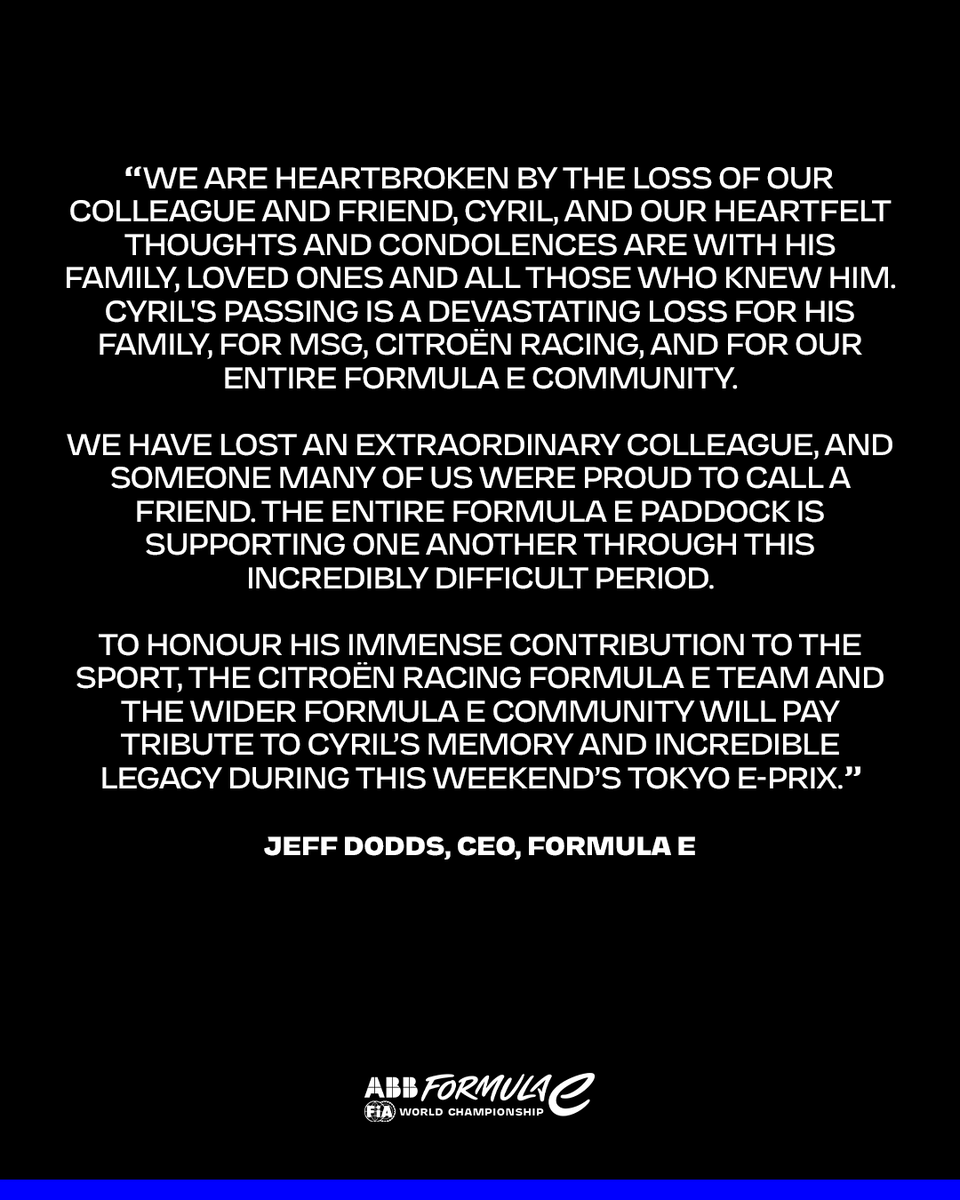 FIAFormulaE's tweet photo. Formula E CEO Jeff Dodds on the passing of Citroën Racing Formula E Team Principal, Cyril Blais. https://t.co/h2KbAiPHtq