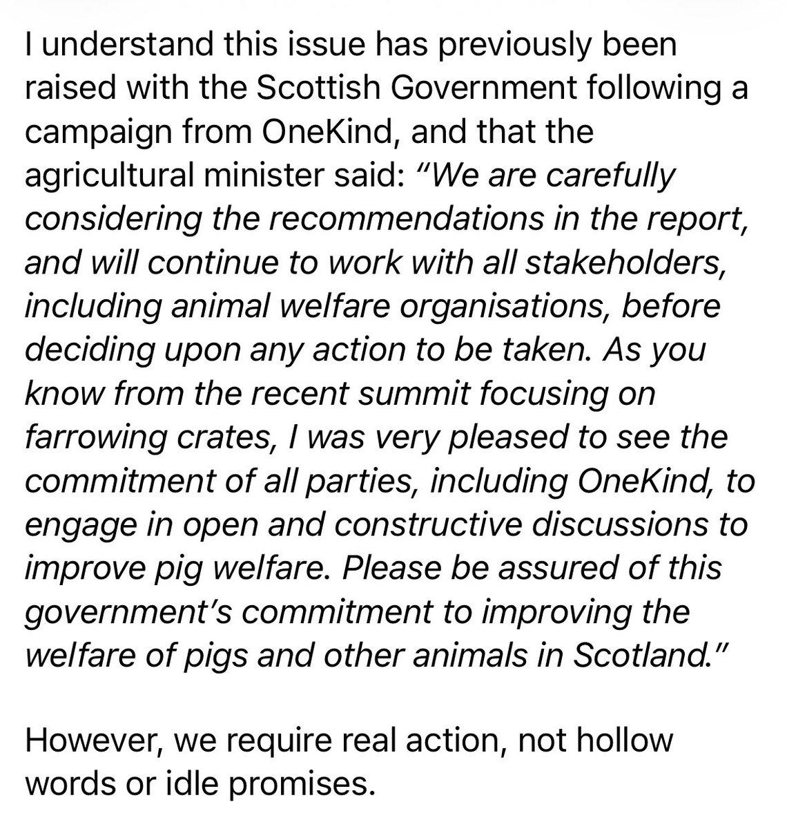 kez3383's tweet photo. my full email where i point out the AWCs recommendation that it is inhumane, as well as the FAWC and the EFSA recommendations that the practice should end. 

however, carson has clearly chosen to trust producers over the government’s own expert animal welfare committee. https://t.co/Rp5aMG4wu3