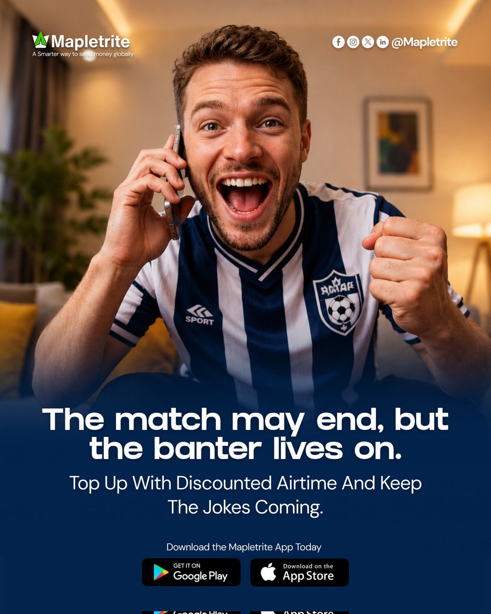 mapletrite's tweet photo. The match may end, but the banter lives on.

Keep the jokes coming with discounted airtime from Mapletrite.

Top up your airtime quickly, stay connected, and never miss the chance to share every goal, every win, and every laugh.

Download the Mapletrite App today and enjoy https://t.co/S7WWzdo2iV