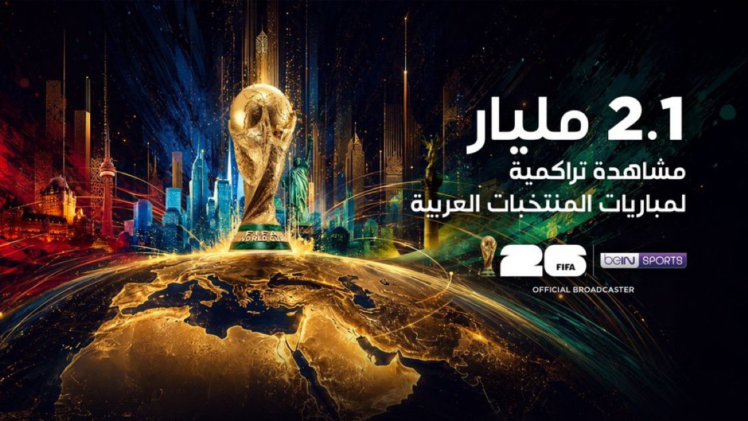 beINSPORTSNews's tweet photo. 🟥 #آخر_خبر | قنوات beIN تسجل أرقام مشاهدة تاريخية للجمهور العربي خلال بطولة @FIFAWorldCup 2026™ بلغت 2.1 مليار مشاهدة تراكمية لمباريات المنتخبات العربية على @beINSPORTS في المنطقة https://t.co/hKwYeuXYYL