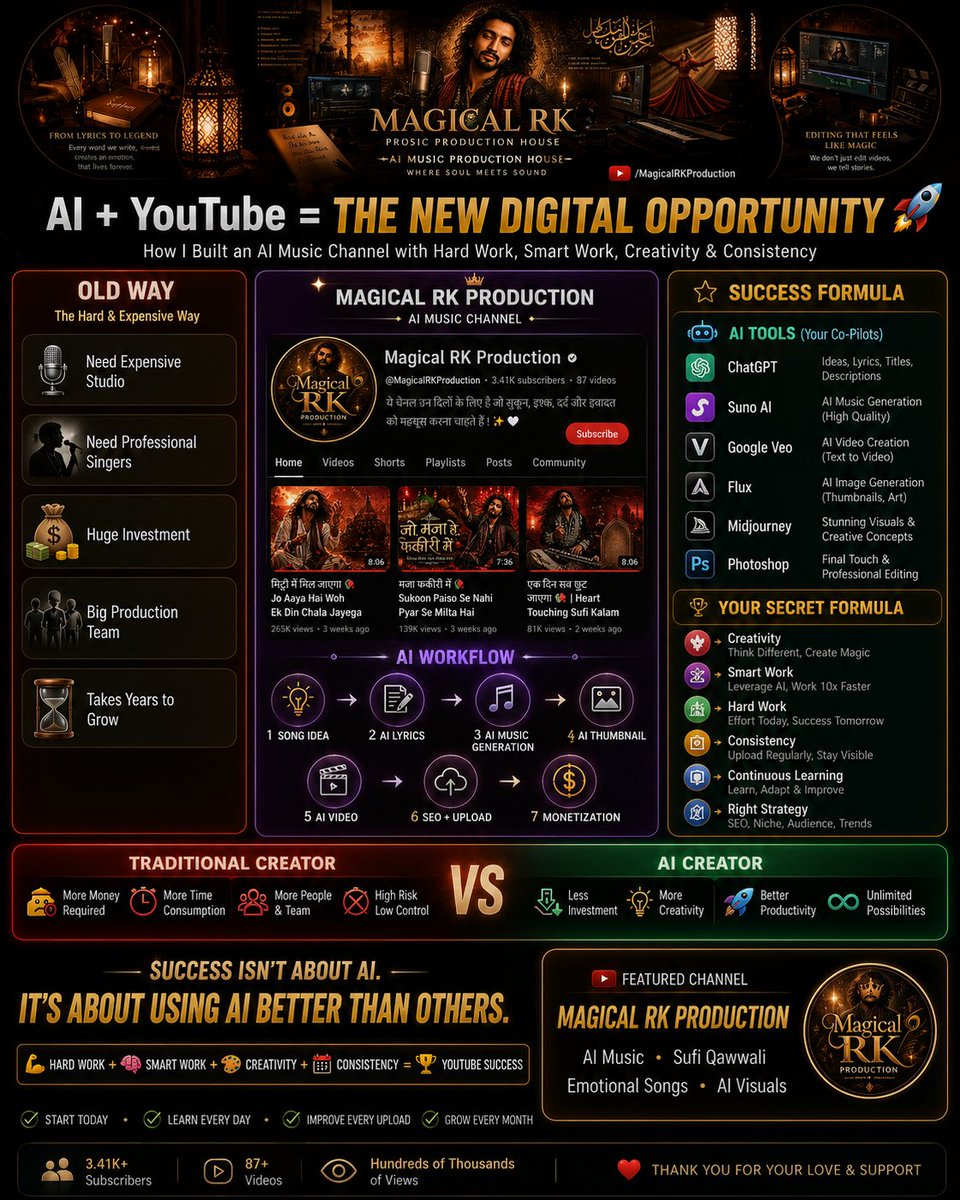 rakeshkumar844's tweet photo. 🎵 AI isn't replacing creativity—it's empowering creators.

I built Magical RK Production using AI tools like ChatGPT, Suno AI &amp; AI visuals to create soulful music content for YouTube. 

Success doesn't come from AI alone.
AI is the tool. You are the creator. start today? 🚀 https://t.co/YbL4RSNasw