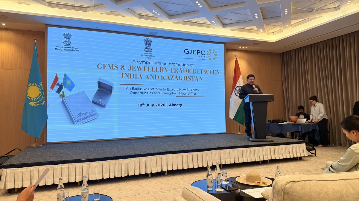 indembastana's tweet photo. The Embassy of India in Kazakhstan in association with GJEPC successfully organised the India Kazakhstan Gem & Jewellery B2B Symposium in Almaty on 18 July 2026, bringing together leading stakeholders for enhanced business collaboration in the Gems & Jewellery sector.

Ambassador of India to Kazakhstan, H.E. Mr. Y.K. Sailas Thangal, highlighted India’s strengths as a global hub for gems and jewellery and underscored the immense potential for expanding partnerships with Kazakhstan and the wider Central Asian region.

The B2B Symposium led by GJEPC members witnessed the participation from the Representative Office of the Ministry of Foreign Affairs of Kazakhstan, National Chamber of Entrepreneurs “Atameken”, Chairman of the League of Jewelers of Kazakhstan and the Chairperson of the EAEU Jewelers Association. 🇮🇳🤝🇰🇿

@GJEPCIndia @MEAIndia @DoC_GoI @MFA_KZ @Angkailongdi @ICCR_Astana