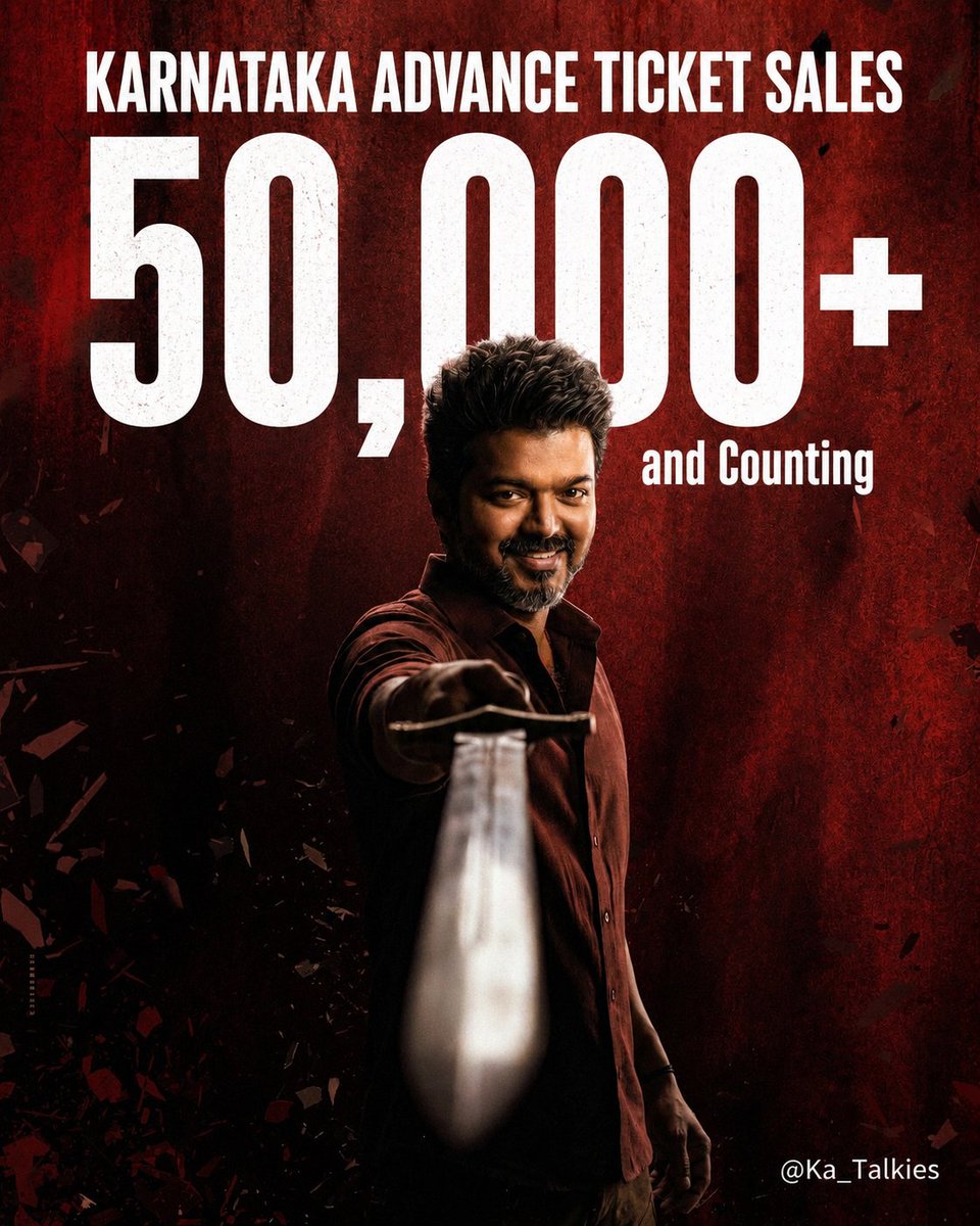 KA_Talkies's tweet photo. 50,000+ tickets sold in advance for #JanaNayagan in Karnataka! ✨

Advance sales have now crossed the ₹4 Cr Gross mark. 💥 https://t.co/ZAAs7yBf1j