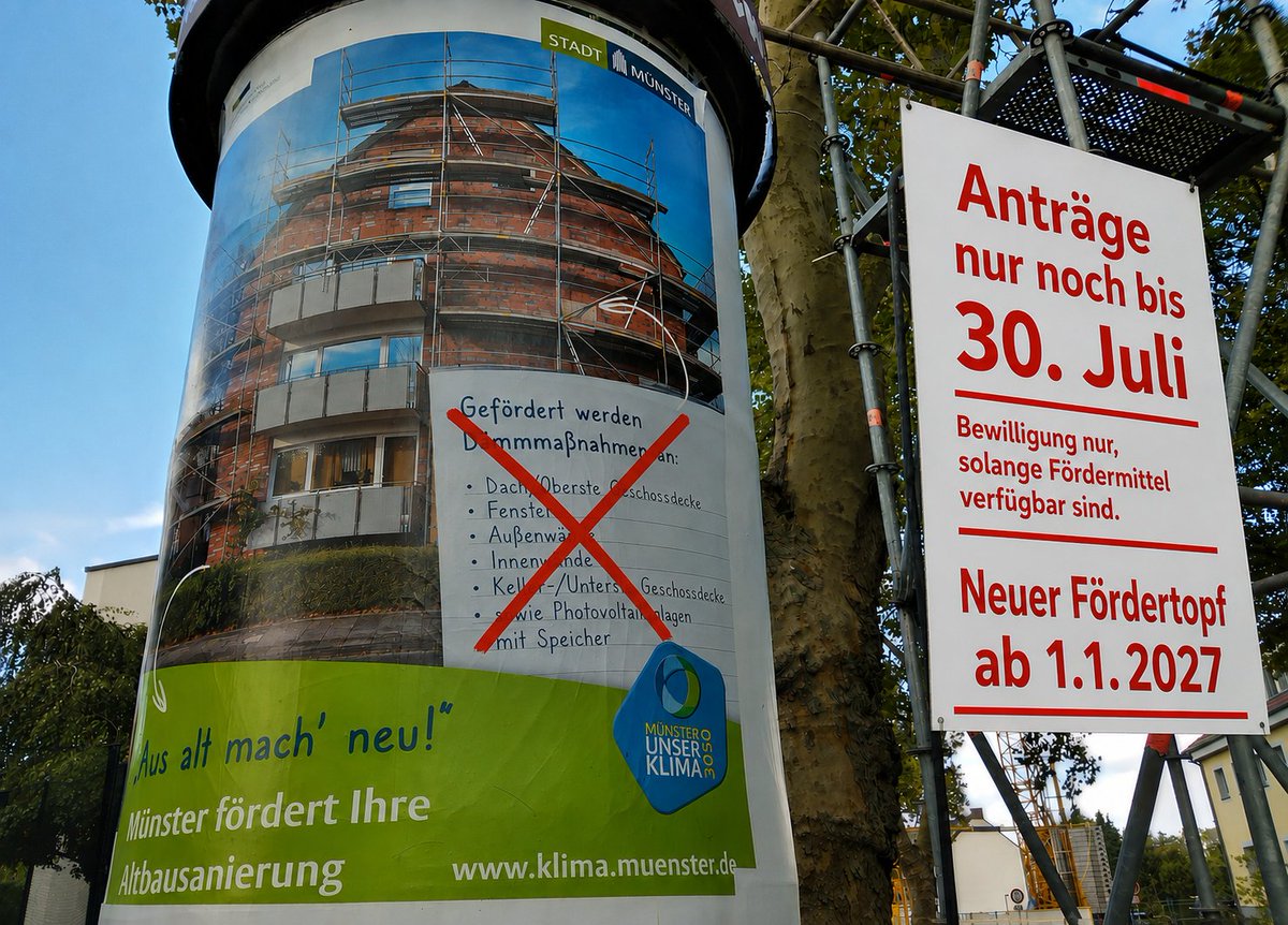 EffizienzEntech's tweet photo. #Förderprogramm „Klimafreundliche #Wohngebäude“ #Münster: #Fördermittel 2026 fast ausgeschöpft. Vollständige Anträge noch bis 30.07. möglich, Bewilligung nicht garantiert. Planung für Förderstart 2027 kann weiterlaufen. https://t.co/GfEjyepE5s