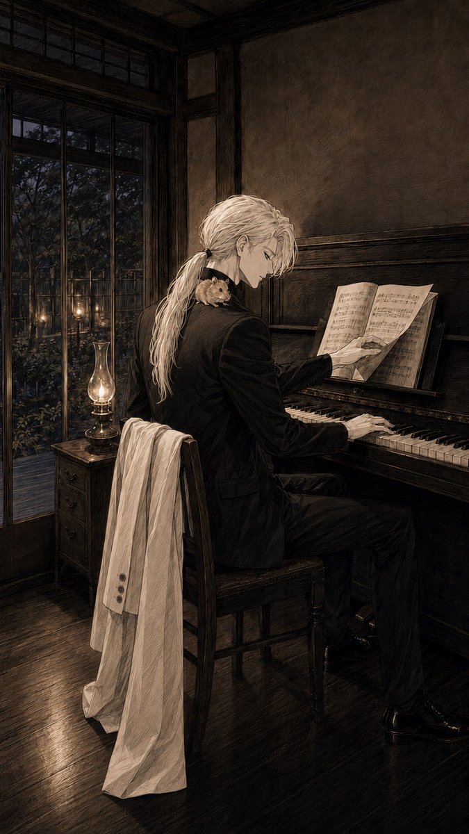 Sepia Pianist in Vintage Room