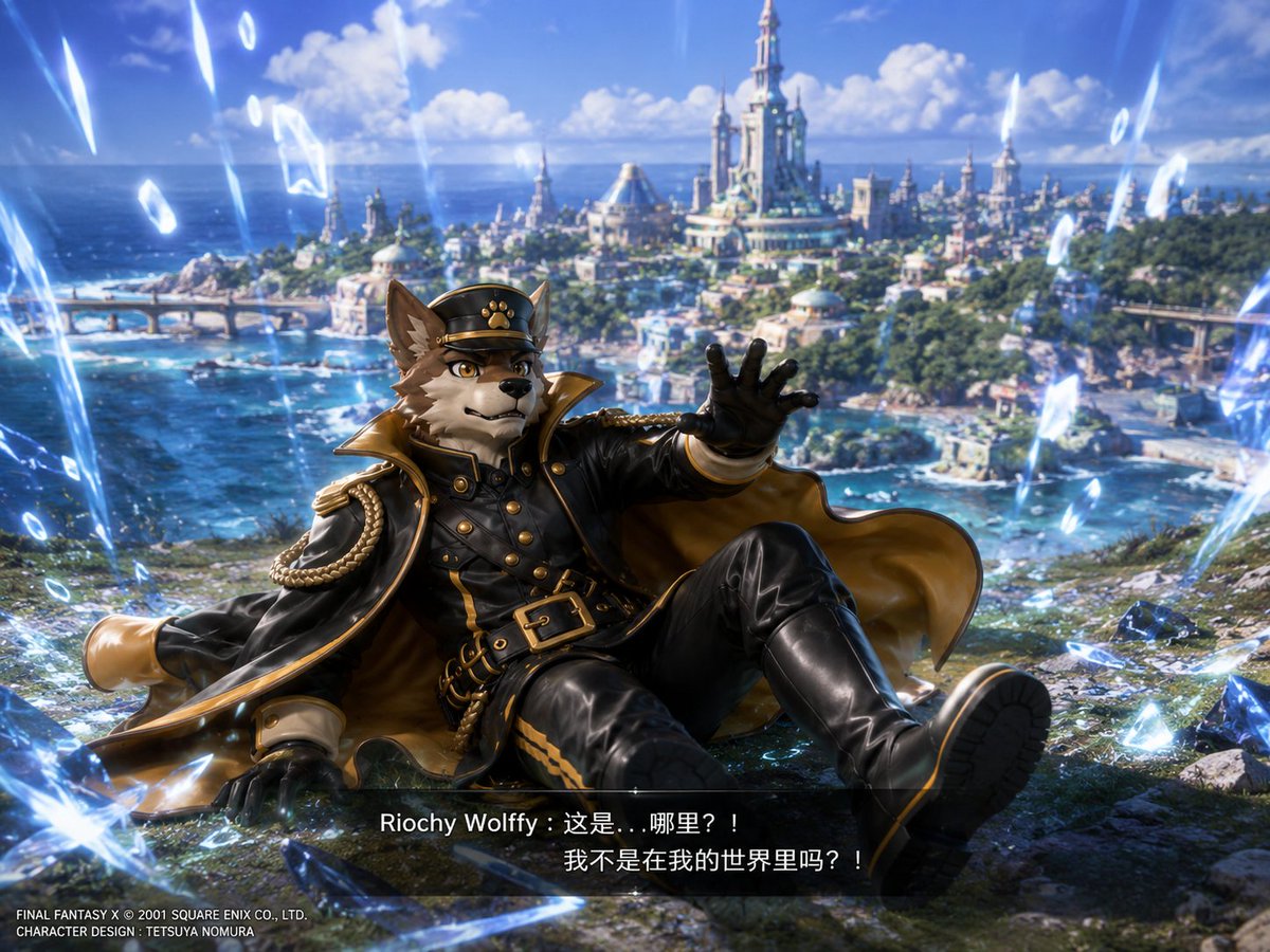 RiochyW's tweet photo. (AI绘画22）尝试将自己獸设生成去自己的童年游戏最终幻想10里，突然穿越去哪里的地方并发生剧情🐺😶‍🌫️ （第一章） ＃AI #Ff10 https://t.co/oNzxMVuMEn