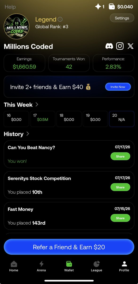 kokocodes's tweet photo. It’s basically a stock prediction tournament app where players compete against each other by predicting which stocks will perform the best during a tournament 📈

Same for crypto tournaments.

Think:

Trading + prediction markets + leaderboards + cash rewards 🏆

How it works 👇

• GameStock has DAILY and WEEKLY tournaments

• Every player gets virtual funds to build a portfolio

• You’re predicting which stocks will go up the most during the tournament

• Everyone chooses different stocks

• Nobody can see each other’s portfolio before the tournament starts 👀

Example:

You join a stock tournament.

Before the countdown ends, you MUST use all your virtual funds to build your portfolio.

You get around $1M in virtual funds to trade with.

You can either:

• Auto-select stocks (best for beginners)
OR
• Manually pick your own stocks

Once the tournament begins, your stocks determine your leaderboard position 📊

If your stocks pump → you move UP the leaderboard 📈

If your stocks go down → you move DOWN the leaderboard 📉

At the end of the tournament, the top players win REAL money 💰

And here’s where it gets interesting:

You can actually edit your portfolio during market hours to secure profits or switch positions.

BUT 

every portfolio edit costs around $1, so strategy matters 👀

How to start:

1️⃣ Download GameStock using my link:
https://t.co/toadMZbKjW

2️⃣ Click “Get Started”

3️⃣ Sign up with Discord

4️⃣ Use this referral code: DEGENS

You’ll get FREE trading credits 💎

5️⃣ Allow location access so the app can verify your country

6️⃣ Join your first tournament and start competing

Still super early.
Still underfarmed.
Still one of the most interesting finance/gaming apps.