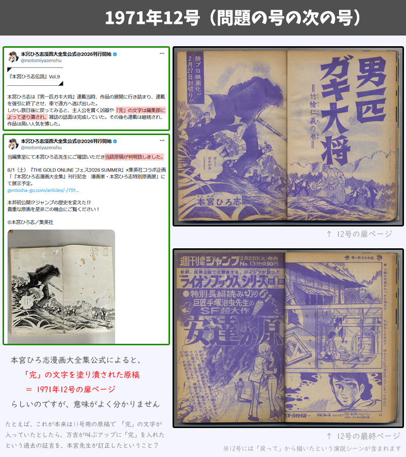 tiyu12sai's tweet photo. 「主人公が竹槍で刺されて完」
という原稿を作者が描いたところ、編集者が無断で「完」を消して連載を続けさせた昭和のジャンプ

内容的に、1971年の11号の出来事のハズですが…
公式で、12号の扉ページが「完」の文字を消された原稿であるかのようなポスト（？）をしていて、その意図が分かりません https://t.co/NM7CQPHkZc