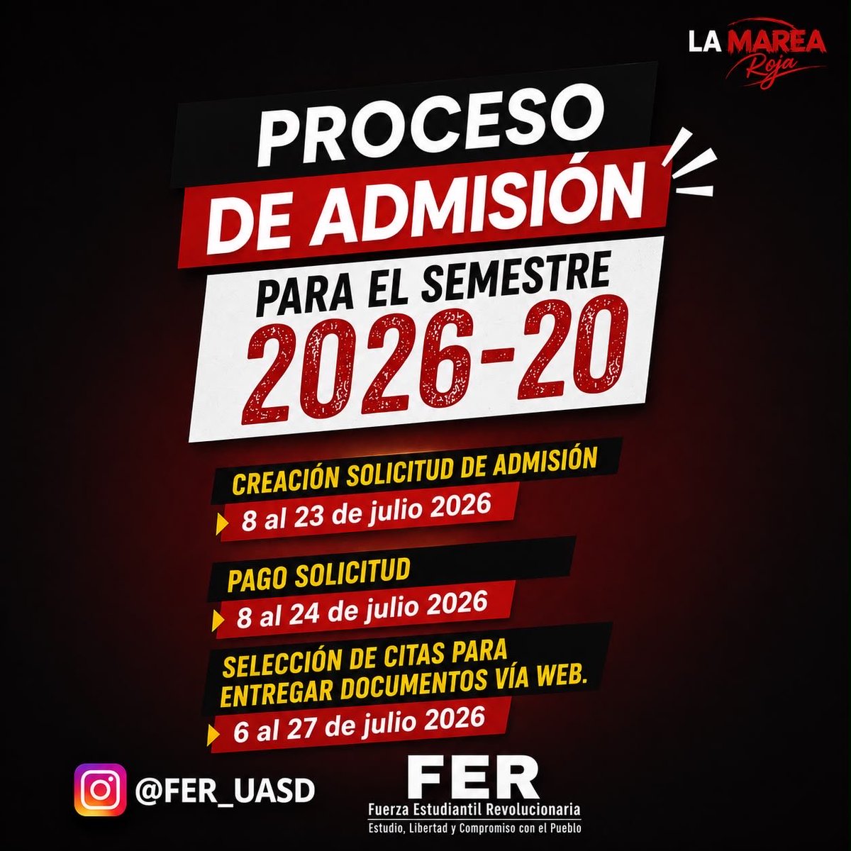 SomosFER_'s tweet photo. https://t.co/CNZdGgC5Lp
Se han habilitado nuevas fechas para que no te quedes fuera del proceso de admisión 2026-20.
• Creación de solicitud: del 8 al 23 de julio.
• Pago de solicitud: del 8 al 24 de julio.
• Selección de citas para entrega de documentos: del 6 al 27 de julio https://t.co/xdQ4nqJkx8