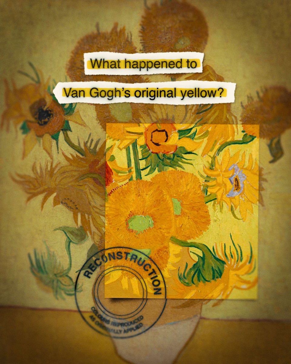 vangoghmuseum's tweet photo. 🕵️‍♀️ Ready to investigate?
Vincent’s ‘Sunflowers’ once looked quite different. Over time, some of the vibrant yellows have slowly changed, altering the way we see the painting today.
So what happened to Van Gogh’s original yellow?

That question sparked ‘The Colour Heist’, our investigation into the mystery behind Van Gogh’s changing colours. Watch here: https://t.co/BqLSxPDSnB

#vangogh #truecrime #mystery #arthistory #TheColourHeist #ASML
@ASMLcompany works with the Van Gogh Museum to preserve Van Gogh’s heritage through technology.