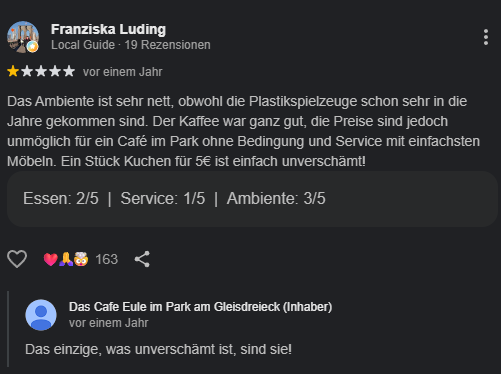 BubuderDritte's tweet photo. Dieses Anti AfD Cafe Eule in Berlin reagiert übrigens immer sehr sachlich auf konstruktive Kritik der Kundschaft: https://t.co/B1i72XfThH