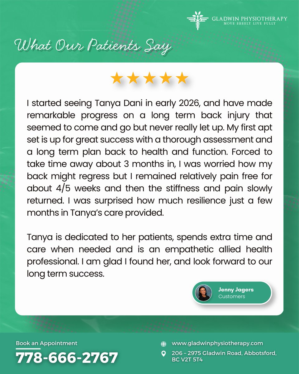 mobility_physio's tweet photo. ⭐⭐⭐⭐⭐ 

Nothing means more to us than seeing our patients regain confidence and return to doing what they love. Thank you for trusting Gladwin Physiotherapy with your recovery journey.

Looking for trusted physiotherapy in Abbotsford? We're here to help.

#physiotherapy https://t.co/3Xr0slA7sk