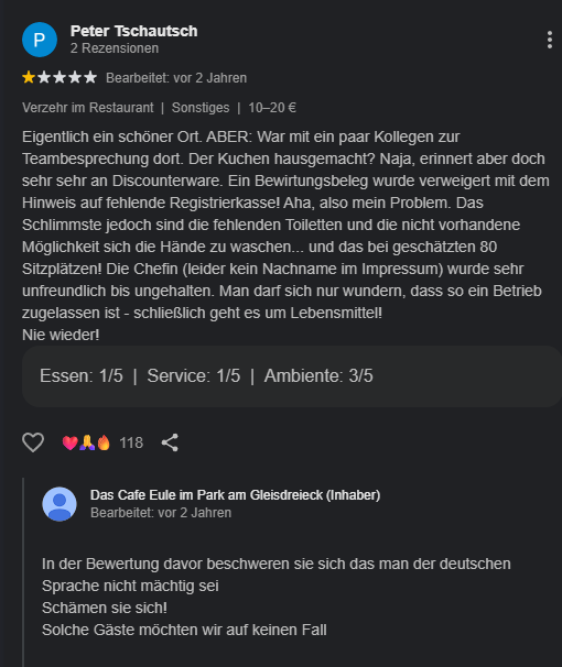 BubuderDritte's tweet photo. Dieses Anti AfD Cafe Eule in Berlin reagiert übrigens immer sehr sachlich auf konstruktive Kritik der Kundschaft: https://t.co/B1i72XfThH