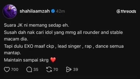 thvexjk's tweet photo. "suara JK ni memang sedap eh. susah dah nak cari idol yang mmg all rounder and stable macam dia"

it shouldve ended THERE. the first sentence praised jungkook. the second half invited comparisons and thats why people are reacting the way they are. https://t.co/Ywyuyjdazr