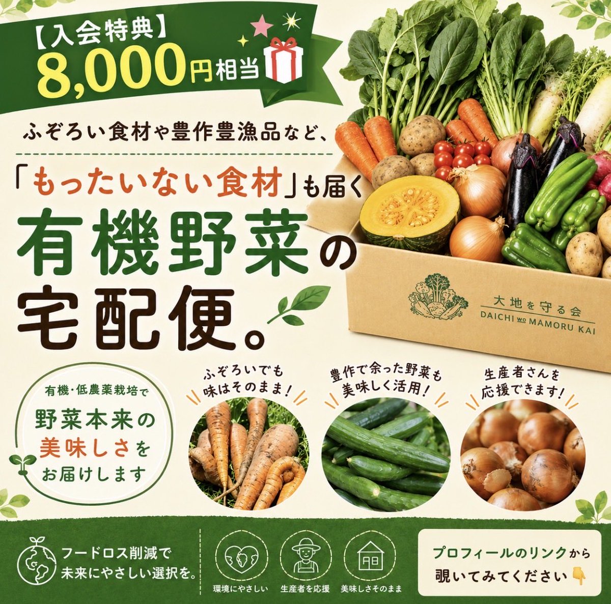 もったいない食材」も届く、有機野菜の宅配便🥬 入会特典8,000円相当も