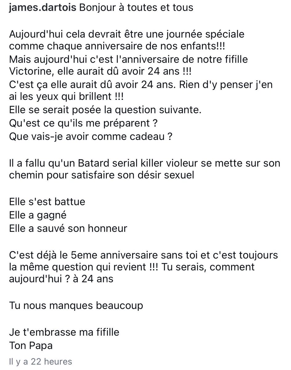 Coll_Nemesis's tweet photo. Dans un post Instagram extrêmement touchant, le père de Victorine Dartois souhaite un joyeux anniversaire à sa fille qui aurait du fêter ses 24 ans, si elle n’avait pas croisé la route de Ludovic Bertin.

Nous n’oublions jamais Victorine. 🤍🙏🏻 https://t.co/zIuNOX6b0h