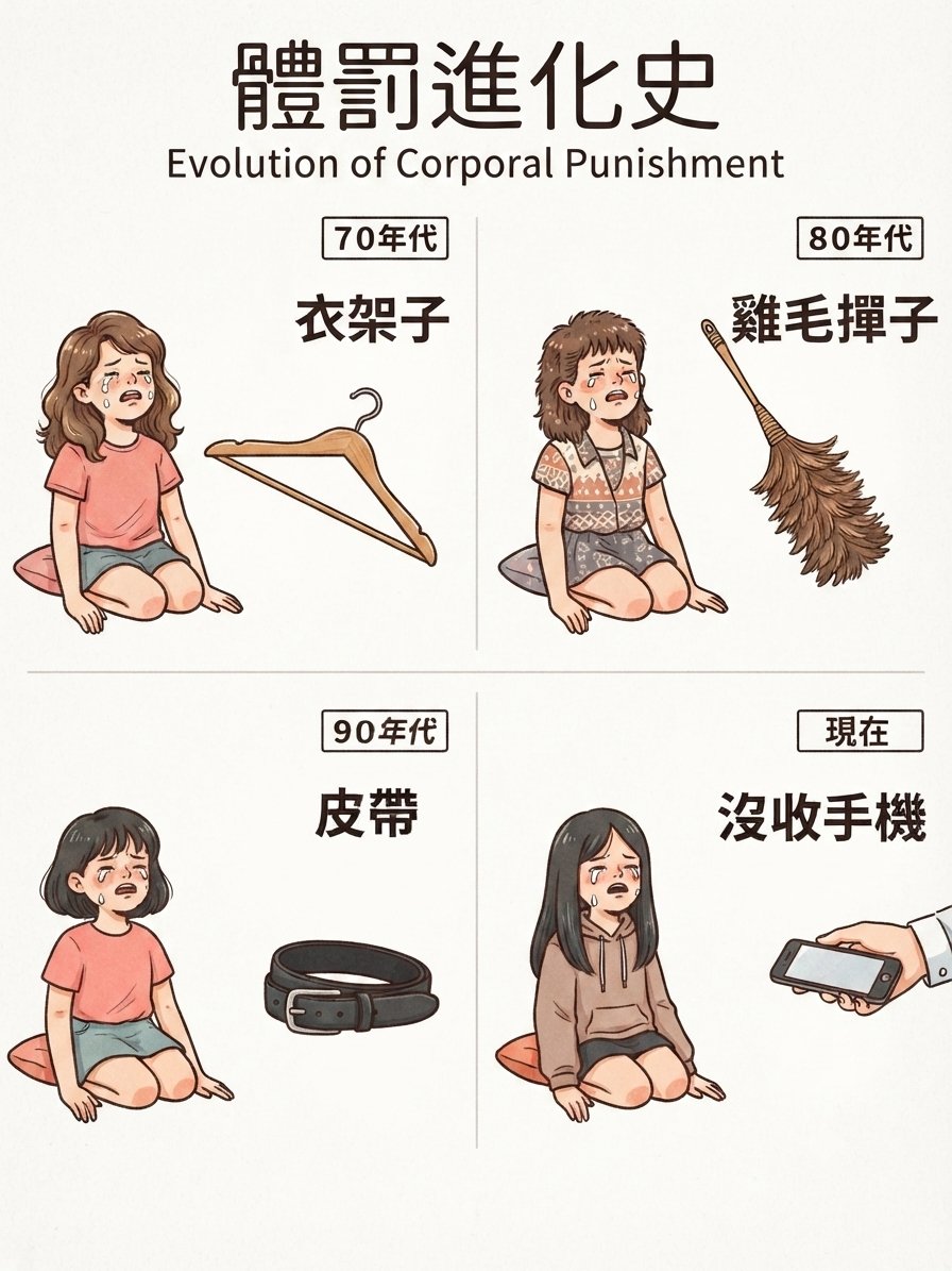 c38965911's tweet photo. 還記得小時候犯錯時的那些「經典道具」嗎？😅

從衣架、雞毛撟子，再到殺傷力最強的皮帶，

現在的孩子，只要沒收手機，世界彷彿就崩塌了。

時代在變，體罰的「規格」也在進化，

你小時候最怕哪一樣？留言告訴我！👇

#體罰進化史 #時代眼淚 #成長回憶 #世代差異 https://t.co/o5xUPtMqFx