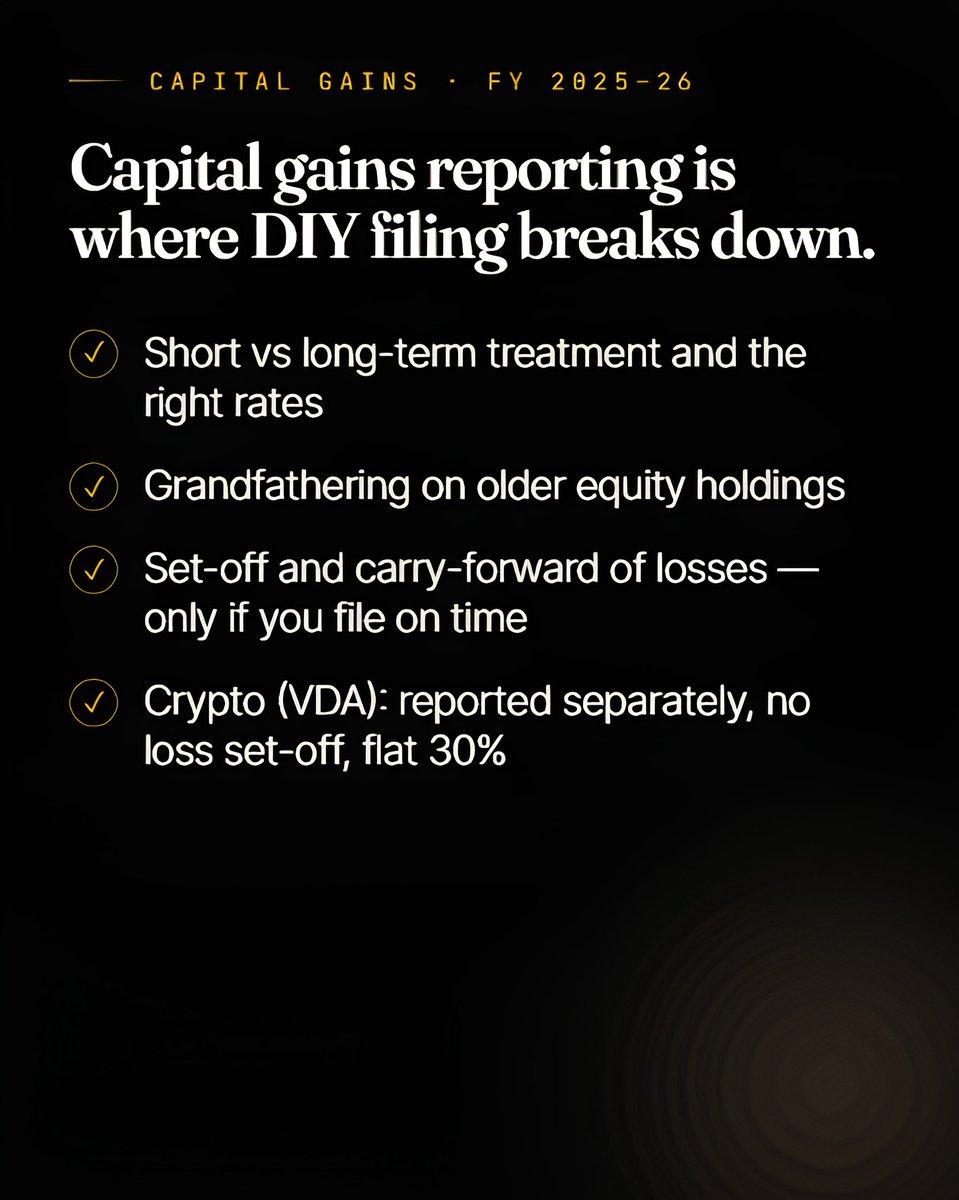 niranjanyume's tweet photo. Crypto in FY 2025-26?

→ flat 30% tax
→ reported separately as VDA
→ no loss set-off against anything

Get it wrong and a notice follows. This is our zone. DM "ITR". https://t.co/XtgP1vCADE
